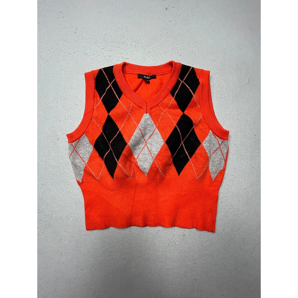 Papaya Sweater Vest Viscose Blend Argyle Orange Black Small Womens